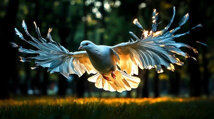 White dove in flight, park sunset, peace symbol, nature photography, website banner