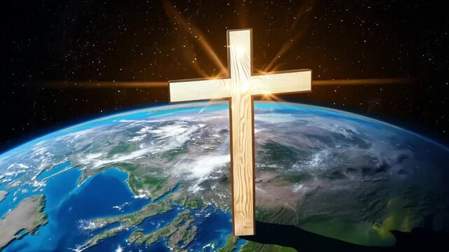 Jesus Cross over planet earth orbit. Christianity religion, happy easter concept