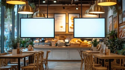 Modern café interior featuring two blank digital display screens hanging from the ceiling, warm lighting, and contemporary seating arrangements
