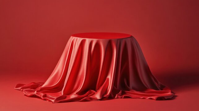 Red silk draped pedestal, red background, reveal, product display