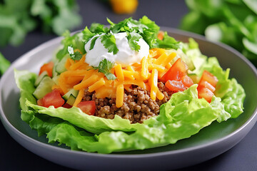 Delicious keto taco with lettuce wrap and savory filling showcasing fresh toppings