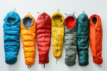 Seven colorful sleeping bags hanging on a white wall, ready for outdoor adventures