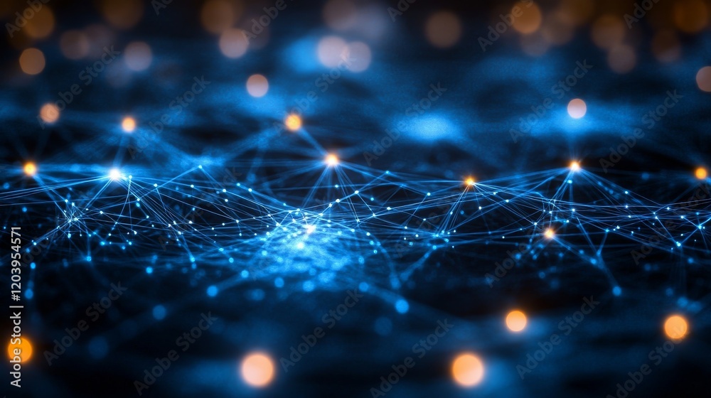 Poster abstract network of interconnected nodes and light points depicting technology and data flow