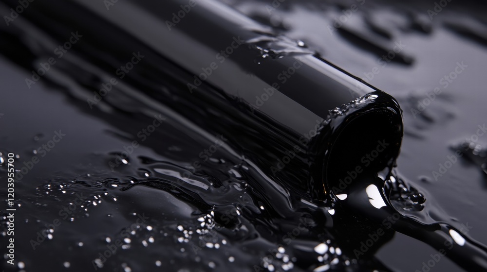 Aufkleber liquid black paint flows around a glossy cylindrical object on a smooth surface during a creative ar