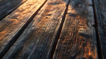 Obraz premium Rustic Wooden Floor Illuminated by Warm Sunlight Showing Natural Grain
