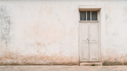 Fototapeta premium Weathered whitewashed wall with old wooden door and small window.