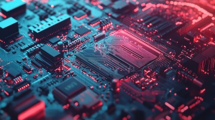 Fototapeta premium Close-up of a circuit board with glowing red and blue components.