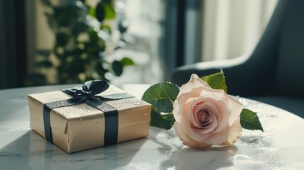 Obraz premium A close-up of a beautiful pink rose with water droplets, placed next to an elegantly wrapped gift box on a white table