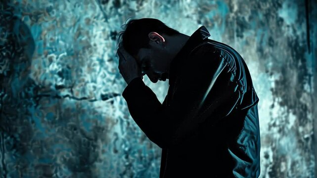 Schizophrenic man holding head in his hand, sad after receive bad news. Stressed boy confused with unhappy problem, cry and worry about unexpected work, down economy, bipolar