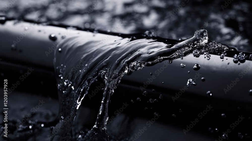 Poster Water cascading over a pipe in a black and white setting, creating dynamic motion and texture in nature. Generative AI