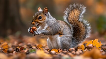 A delightful squirrel amidst the autumn leaves, clutching a bounty of acorns in its tiny paws, enjoying the fall season