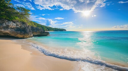 Fototapeta premium Tropical Beach Paradise: Azure Waters, Sun-Kissed Sands, and Lush Greenery