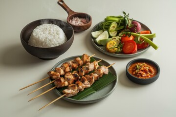 Grilled Chicken Satay Served with Rice and Vegetables
