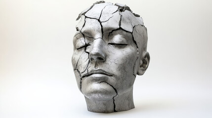 A fragmented sculpture of a human head, cracks spreading symmetrically across its surface, accented with metallic silver highlights