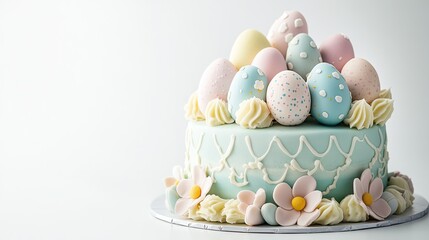 A creative Easter cake decorated with a mix of pastel icing, fondant flowers, and Easter egg designs, displayed on a clean, neutral background with enough space for copy.
