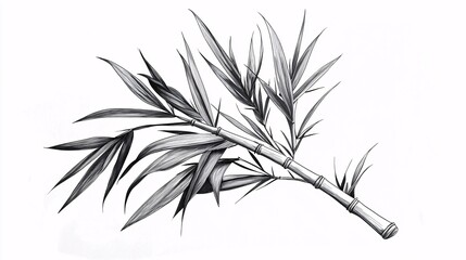 Naklejka premium line drawing of a bamboo leaf, showcasing its fine structure and subtle shadows, isolated on white. Bamboo leaves.isolate on white background.Illustrations 