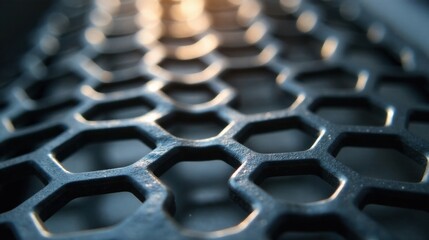 Obraz premium Close-up view of a dark hexagonal patterned surface illuminated by sunlight