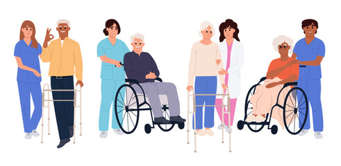 Nurses care for the elderly. Caregivers help older people walk. A nurse holds hands with a patient in compassion, trust, and supportive care.