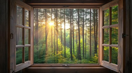 A wooden window frames a breathtaking view of a sunlit forest with tall trees