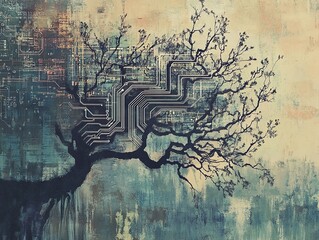 A tree with intricate circuit board patterns growing through its branches against a textured background suggests a connection between nature and technology.