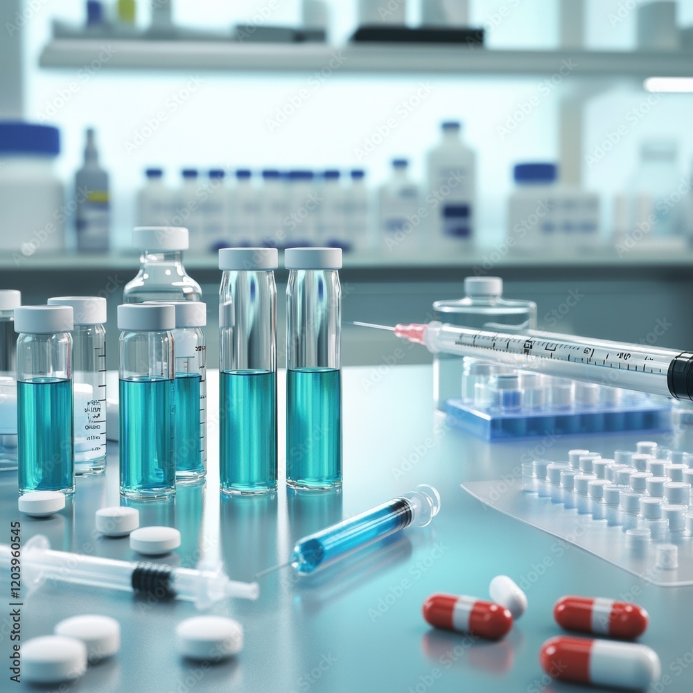 Poster laboratory setup with vials, syringes, and medication during a scientific research project. generati