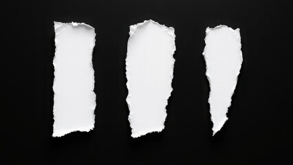 Three ripped white paper fragments on a dark black backdrop, minimalist and textured