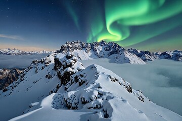 A breathtaking display of the aurora borealis illuminating the night sky above snow-capped mountains