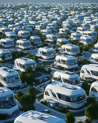 Futuristic RV community, aerial view of hundreds of sleek, white mobile homes nestled amongst lush greenery.  A conceptual image of sustainable, modern living.