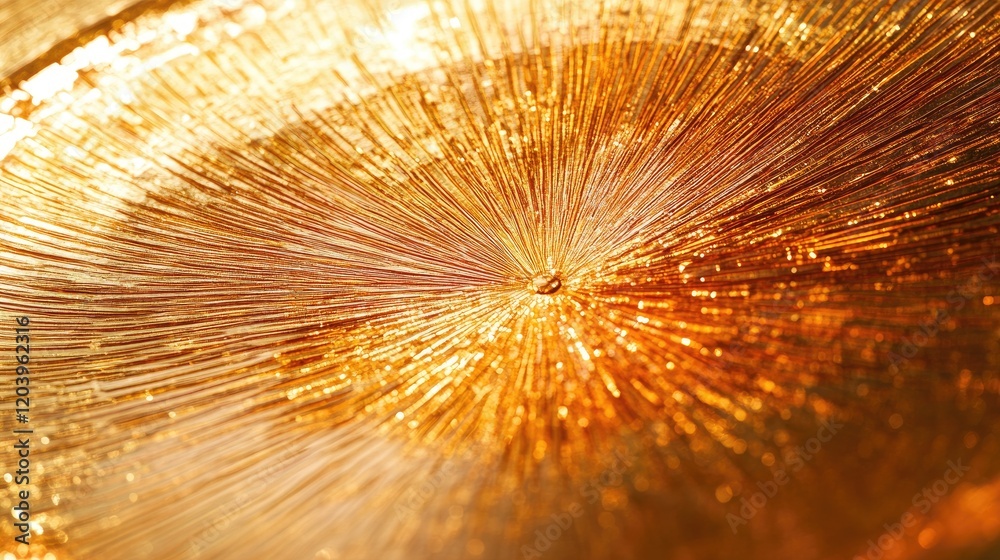 Poster a glowing d background with a circular pattern of radiating lines, set in a warm gold and orange gra
