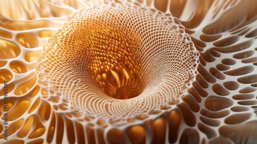 Poster a glowing d background with a circular pattern of radiating lines, set in a warm gold and orange gra