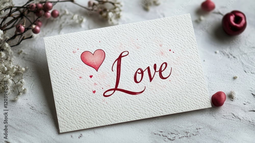Fototapete a hand-drawn valentine's day card with a calligraphy-style love and a heart, placed on a simple text