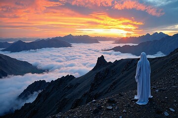  The image depicts a person clad in white robes standing atop a mountain peak gazing out at a breathtaking sunset amidst majestic mountains with clouds blanketing the valleys below