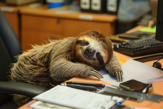 Happy sloth sleeping on a desk at the office, enjoying a peaceful moment amidst paperwork and technology