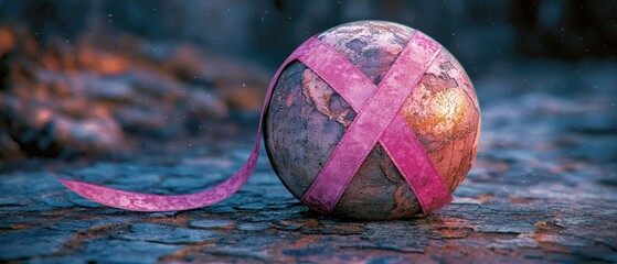 Earth sphere wrapped in pink ribbon signifying hope