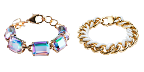 Elegant jewelry featuring colorful gemstones and gold chains