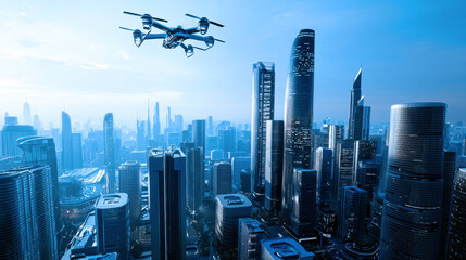 A futuristic cityscape with towering skyscrapers and flying vehicles