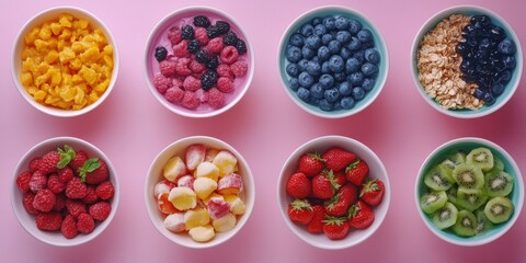 Vibrant plant-based meals in colorful bowls bright lighting overhead shot seasonal ingredients