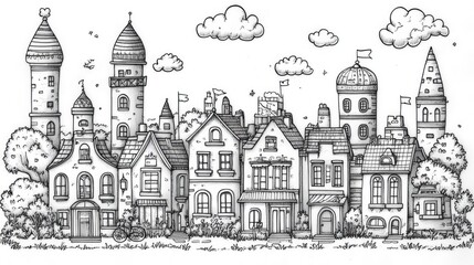 Charming black-and-white illustration of whimsical houses with towers, trees, and clouds in the background
