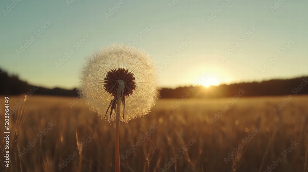 Poster dandelion seed head glowing in the golden sunset over a tranquil field. generative ai