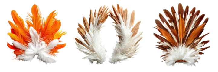Colorful feather headdresses in orange, white, and brown tones