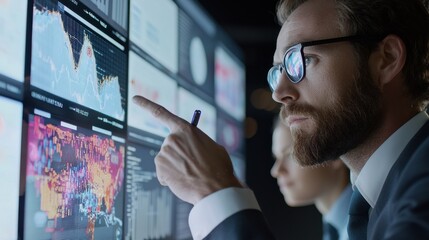 A close-up of a marketing team analyzing data on digital screens