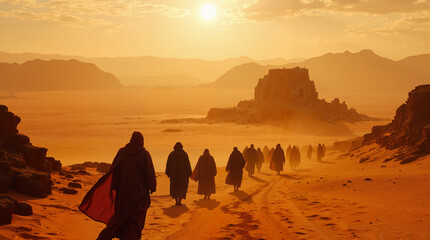 Travelers in cloaks walking through desert at sunset