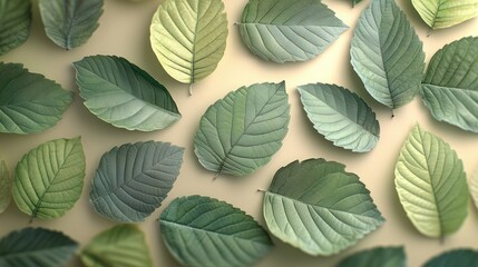 Fototapeta premium Green leaves arranged on a beige background