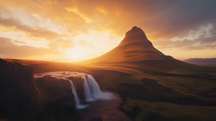 Naklejka premium Picturesque view with waterfalls and a glowing sunset behind mountains.