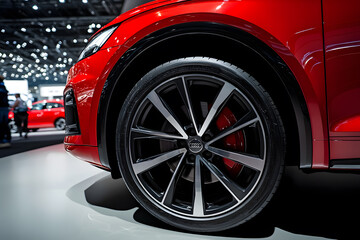 Red Luxury Sports Car Close-Up with Custom Wheels and Aerodynamic Design