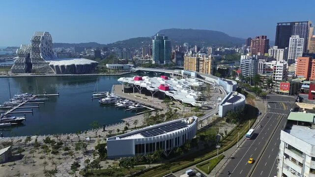 Aerial 4K footage of Kaohsiung City Skyline in Taiwan. It is the famous harbour in Kaohsiung, Taiwan.