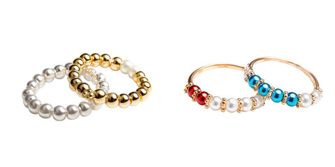 Elegant beaded rings in gold, silver, red, and blue colors