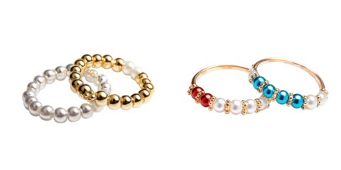 Elegant beaded rings in gold, silver, red, and blue colors