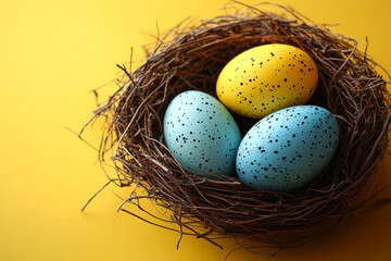 Obraz premium A nest of three eggs, one blue and two yellow, sits on a yellow surface. The eggs are speckled with black spots, giving them a whimsical and playful appearance. The nest is made of twigs and branches