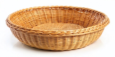 Fototapeta premium Round Woven Wicker Basket, Neutral Background, Storage Basket, Home Decor, Craft Supply